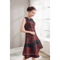 2021 New Latest Design Round Neck Dark Red Printed Party Dress A-line Sleeveless  Hand make Beading Flower Printed  Evening Gown